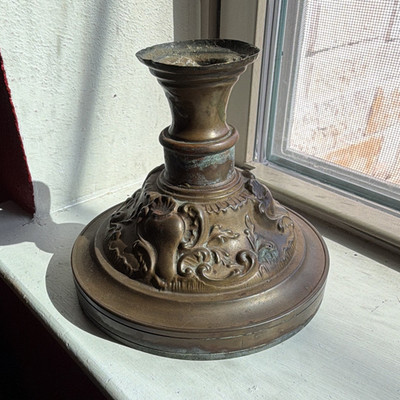 1880 Ornate Antique Finish Bronze Metal Candle Holder Embossed Base