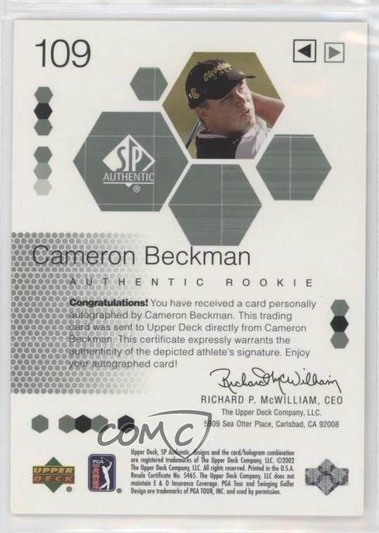 2002 SP Authentic Signature /799 Cameron Beckman #109 Rookie Auto RC - Image 2 of 2
