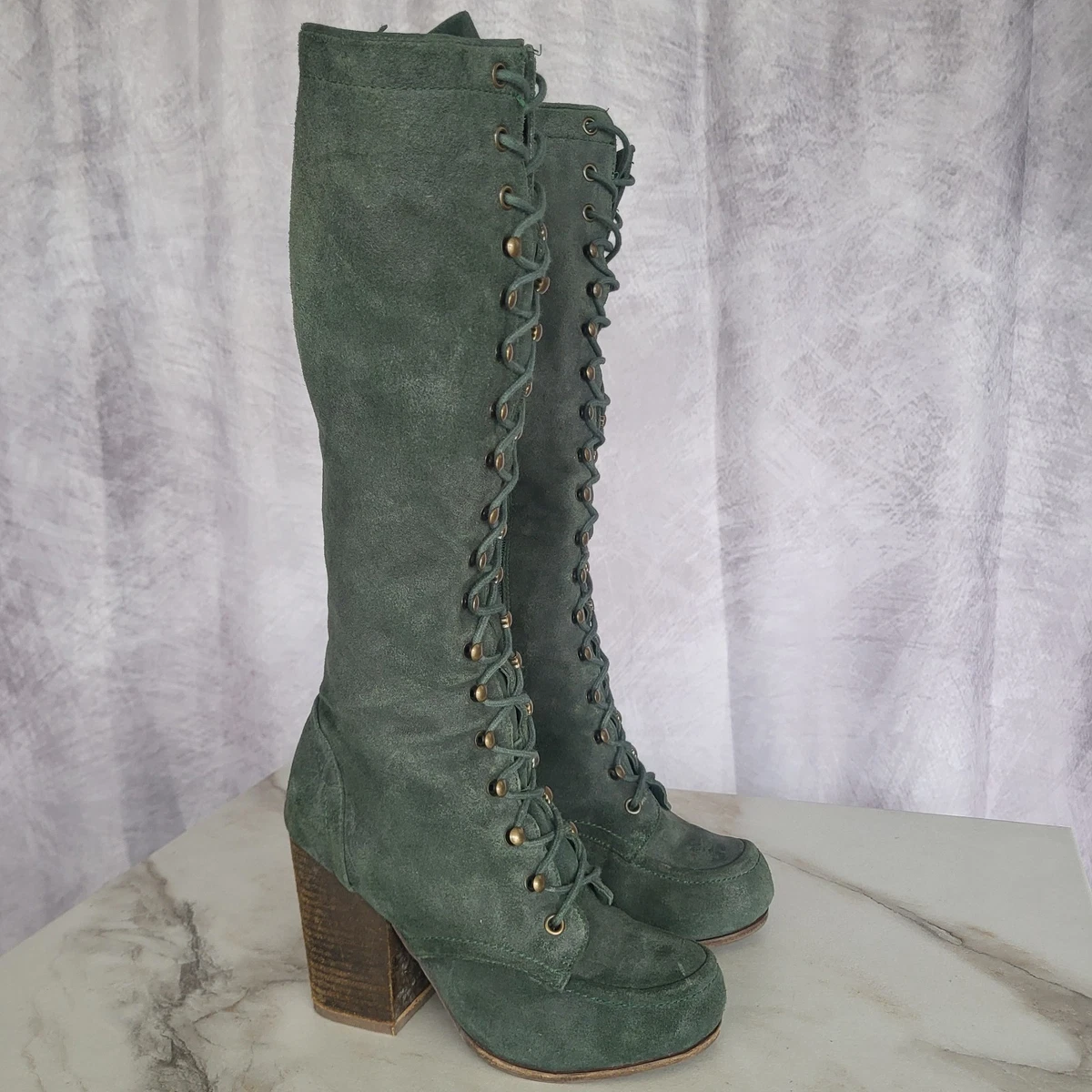 サンローラン -デストロイスキニーデニム- Green High (3-3.9 in) Heel Height Knee High Boots for Women for