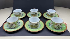 Rare Lynn Chase Tiger Raj Cups & Saucers – 6Sets, 24K Gold Trim 12-Piece