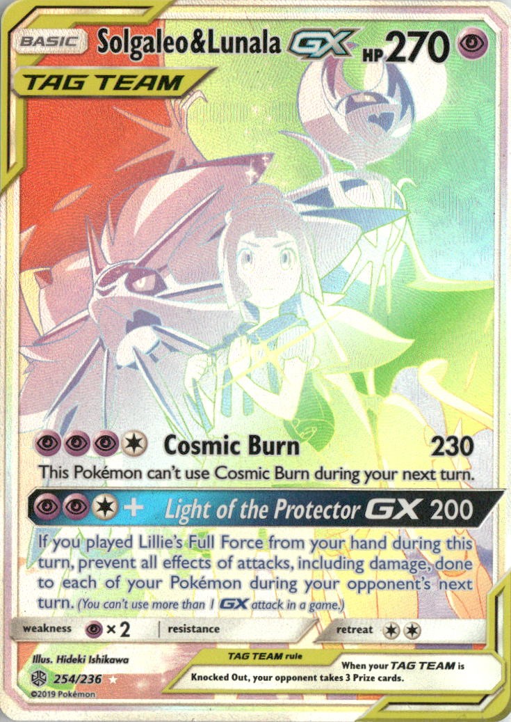 Pokemon Solgaleo & Lunala GX Rainbow Rare Holo SM - Cosmic Eclipse 254/236 NM