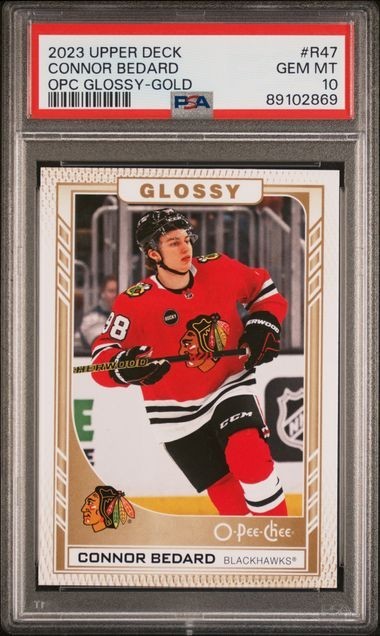 2023 UPPER DECK Connor Bedard OPC GLOSSY GOLD ROOKIE #R47 SP PSA 10 GEM MINT