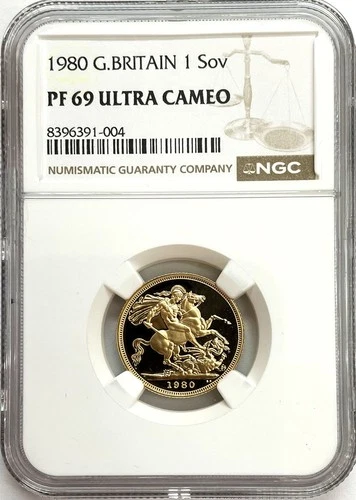 1980 GOLD GREAT BRITAIN SOVEREIGN ST. GEORGE COIN NGC PROOF 69 ULTRA CAMEO