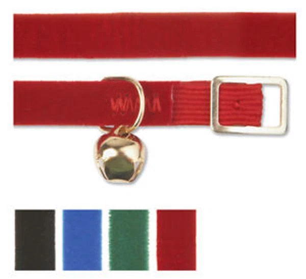 Ancol Elasticated Velvet Cat Collar + Bell choice of colours, engraved Id tags