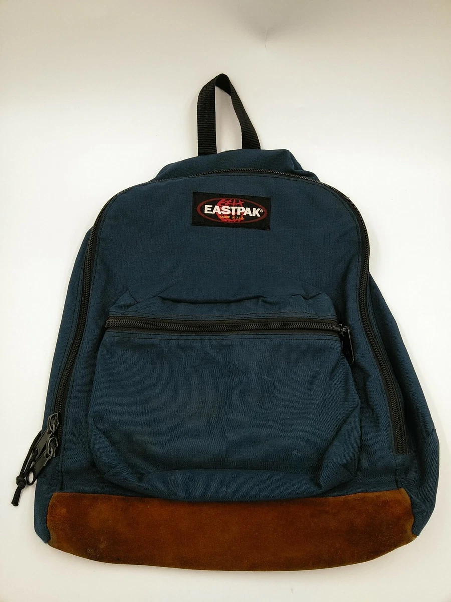 Vintage 90's Eastpak Backpack Blue Brown Suede Leather Bottom Made in USA EUC