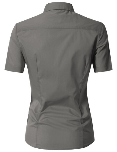 Womens Button Down Shirt Basic SLIM FIT Simple Short Sleeve Collared S010 - Picture 42 of 95