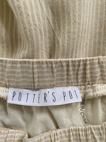 Potters Pot Off Shoulder Dress SZ Small BOHO Tan White Striped Embroidered Lined - Picture 5 of 7