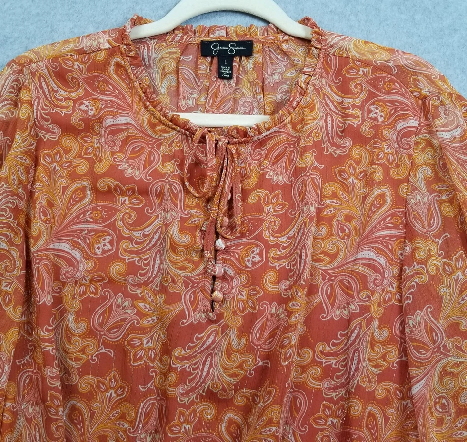 Blusa Jessica Simpson Top Mujer Grande Naranja Cachemira Manga Larga Metálica Transparente Foto 2 de 4