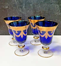Interglass Italy Cobalt Blue Crystal Wine 4 Goblets 24K Gold Medici 8 Oz