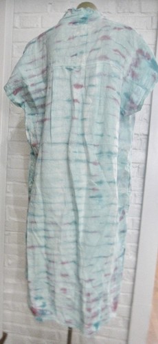 XCVI L Women's Linen Dress Blue Pink Tie Dye Midi Short Sleeve Shift - Picture 9 of 11