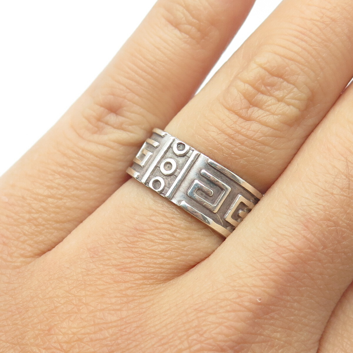 925 Sterling Silver Vintage Mexico Tribal Symbols Band Ring