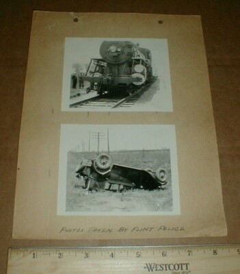 Vintage alte Original Fotos Zug #707 Autounfall Flint Police Michigan ? 1920-1930