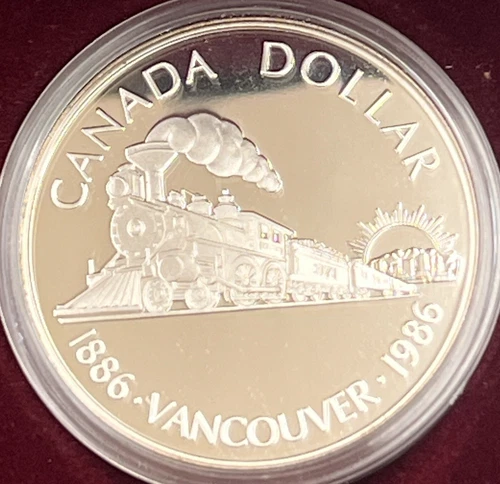 NINE (9) 1986 CANADIAN  PROOF SILVER DOLLAR VANCOVER TRANSCONTINENTAL RAILWAY
