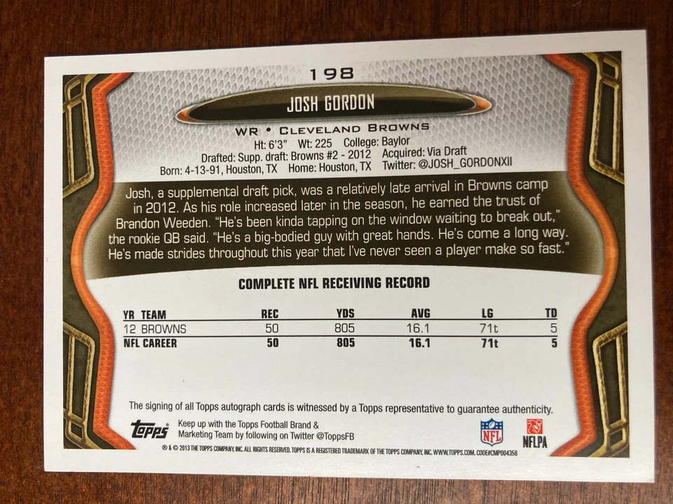 Джош Гордон Auto Topps 2013 автограф редкая - Изображение 2 из 2