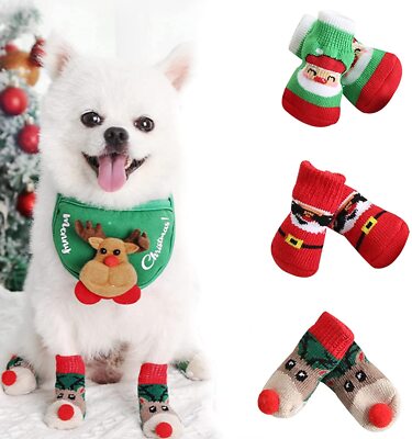 4PCS Christmas Knit Dog Socks Anti-Slip Pet Socks for Indoor Wear Paw Protectors