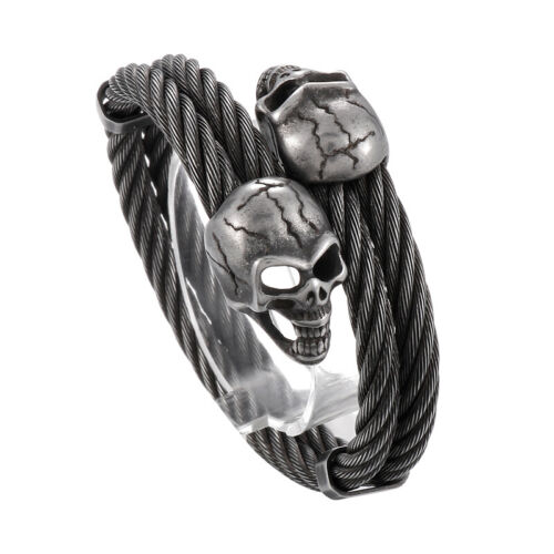 For Mens Stainless Steel Wire Chain Skeleton Skull Cuff Bangle Bracelet Big - Afbeelding 1 van 16