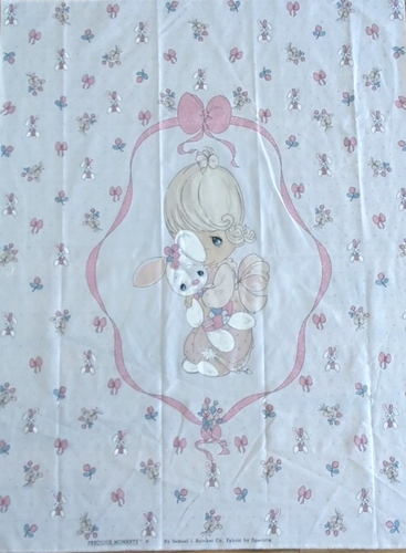 Vintage Precious Moments Girl With Bunny Pink Cotton/Blend Fabric Panel 35"x44"