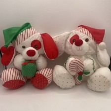 Lot 2 Fisher Price 1990 Puffalump Christmas Dog Puppy Present Candy Cane VTG
