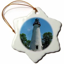 3dRose Marblehead Lighthouse Over Lake Erie Snowflake Porcelain Ornament 3"