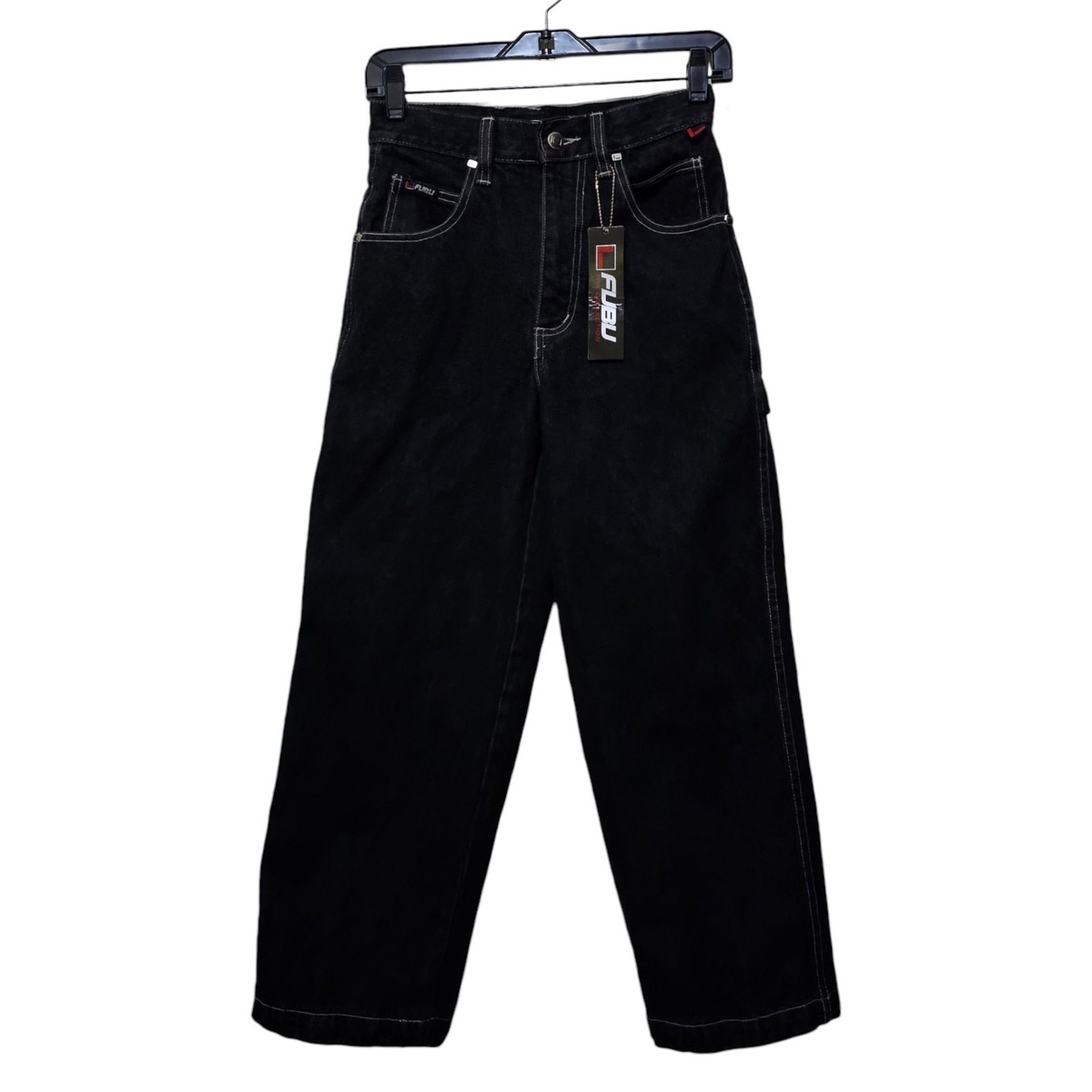 Y2K FUBU Jeans Boys Sz 10 26x25 Cargo Baggy Grunge Black Denim Vtg