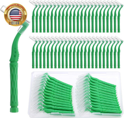 50Pcs Interdental Brushes, Green Soft Dental Brushes with Non-Slip Handle Angled