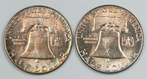 1950 1951 Toned Franklin Half Dollars Lot of 2 Silver 50c -See Photos