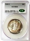 1945 S USA WALKING LIBERTY HALF DOLLAR CAC MS 66 "MAGNIFICENT RAINBOW COLORS."