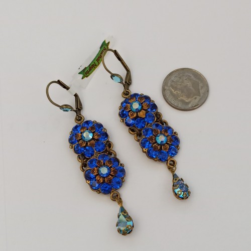 Michal Negrin Earrings Royal Blue With Swarovski Crystals Statement Long Flowers - Picture 9 of 19