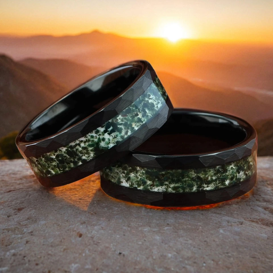 Anillo de boda ecológico de tungsteno martillado de ágata musgo para hombre ajuste cómodo - 8 mm Foto 2 de 4