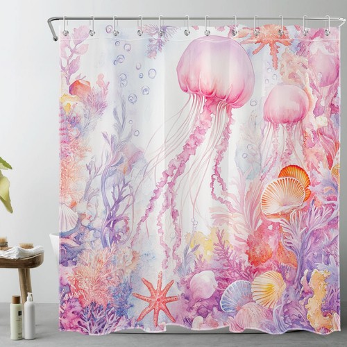 Juego de cortinas de ducha Ocean Animals Seashell rosa medusas para decoración de baño - Imagen 2 de 25