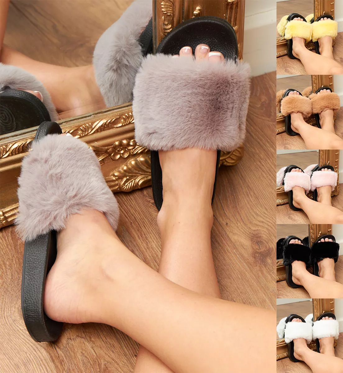 Women Fluffy Slippers Faux Fur Slides Fuzzy Furry Sandals Casual Soft Shoes  | Fruugo IN