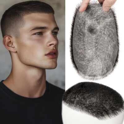 5''x7'' Thin Skin PU Mens Toupee Human Hair Replacement System Short Buzz Cut Wigs