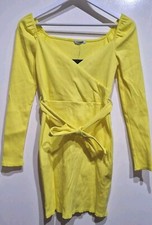 FASHION NOVA Yellow Ribbed Bodycon Mini Wrap Dress Size L V Neck Belted Club