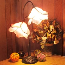 Twin Pink Lily Tiffany Style Stained Glass Table Lamp Satin Bronze Finish Base