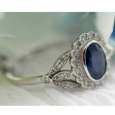 1.25Ct Blue Oval White Round Simulated Diamond Engagement Ring Solid 925 Silver