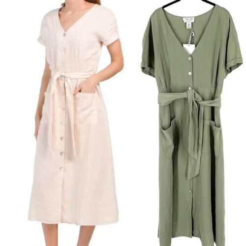 NWT Rachel Zoe 100% Linen Green Button Front Short Sleeve Mini Shirt Dress XL