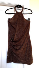 RIVER ISLAND Bronze Gold Glitter Mini Halterneck PARTY DRESS UK 14 NWT
