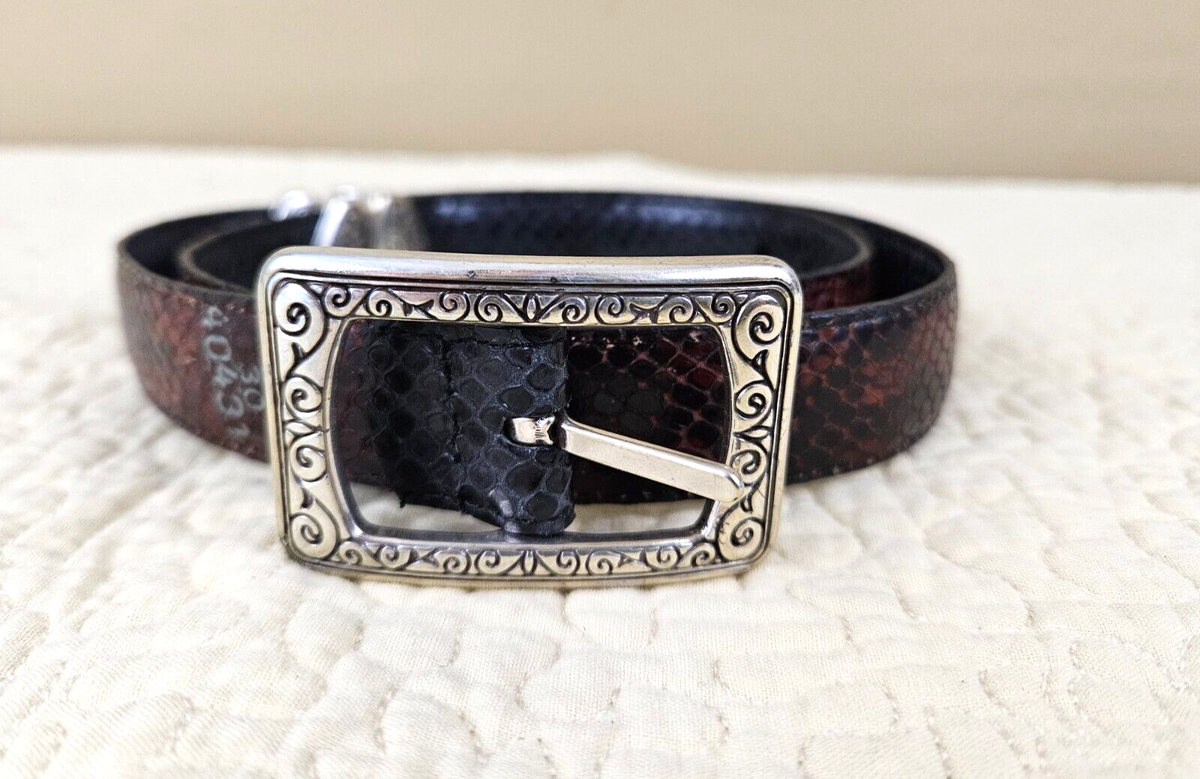 Vtg Brighton Black & Brown Leather Belt Medium 30 Western Silver Tooled Hardware Brighton Women main image 4