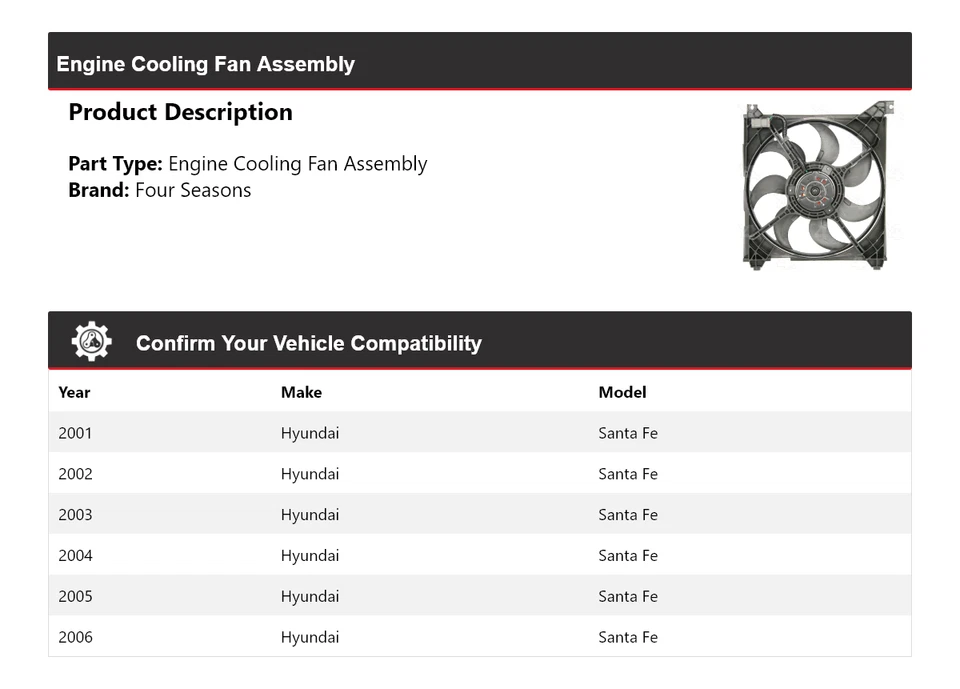 Conjunto de ventilador de refrigeración del motor Hyundai Santa Fe 2001-2006 4 estaciones 2002 2003 Foto 2 de 4