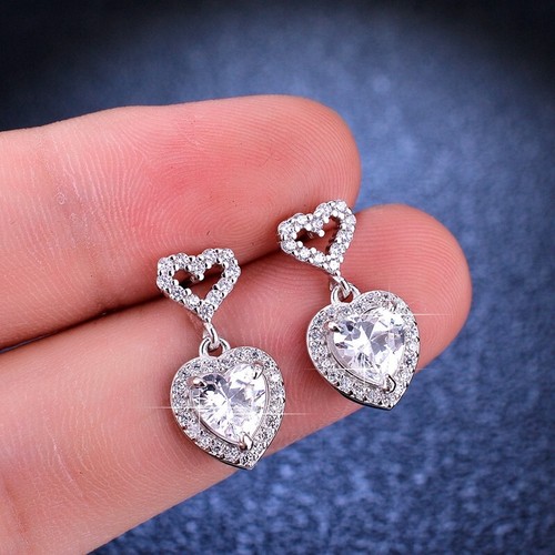 2cttw Heart Cut Moissanite Dangle Drop Earrings for Women 925 Sterling Silver - Picture 5 of 11