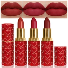 Ruby Red Matte Lipstick Long Lasting Waterproof Velvet Smudge Proof Makeup 3 Pcs