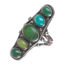 sz6.25 c1930's Vintage Navajo greasy green turquoise long sterling silver ring