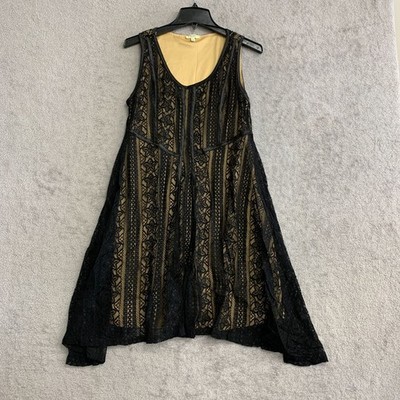 Kori Women's L Black Beige Lace Sleeveless Tunic Mini Dress P0018