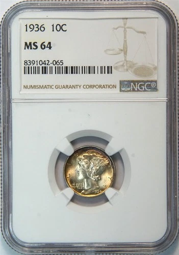 1936 Mercury Silver Dime Sunset Toning MS 64 NGC 10C US COIN