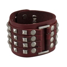 Zeckos Brown Leather 4 Row Chrome Pyramid Stud Wristband