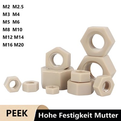 PEEK Kunststoff DIN934 M2 M2.5 M3 M4 M5 M6 M8 M10 M12 M14 M16 M20 Hitzebeständig