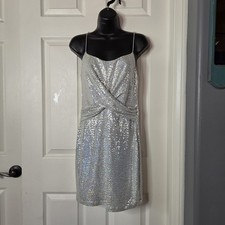As U Wish Silver Shimmery Mini Dress Spaghetti Straps Cocktail Formal Fairy Med