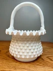 Fenton White Milk Glass Hobnail Basket With Ruffled Edge And Handle