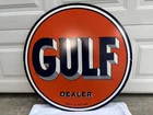 VINTAGE GULF PORCELAIN SIGN 30" OLD GAS PUMP STATION CAR MOTOR OIL FUEL DEALER