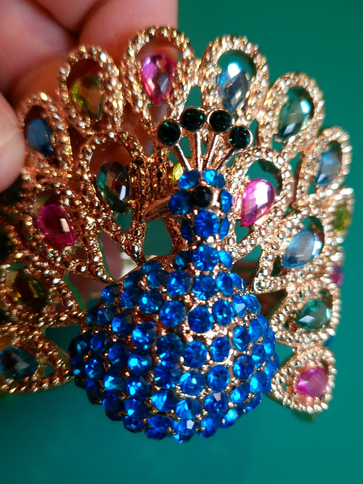 Multi-Colored Rhinestone Peacock Hinged Cuff Brac… - image 5